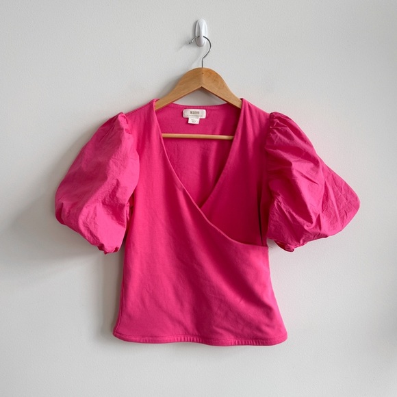 ANTHROPOLOGIE • Maeve Puff-Sleeve Wrap Top in Pink - Picture 3 of 11